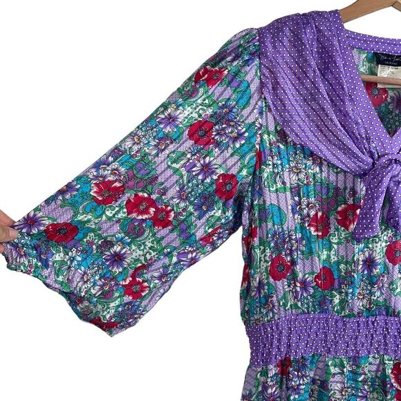 Diane Freis Vintage Womens Dress Size Medium Purple Floral Midi Elastic Waist - Picture 4 of 8